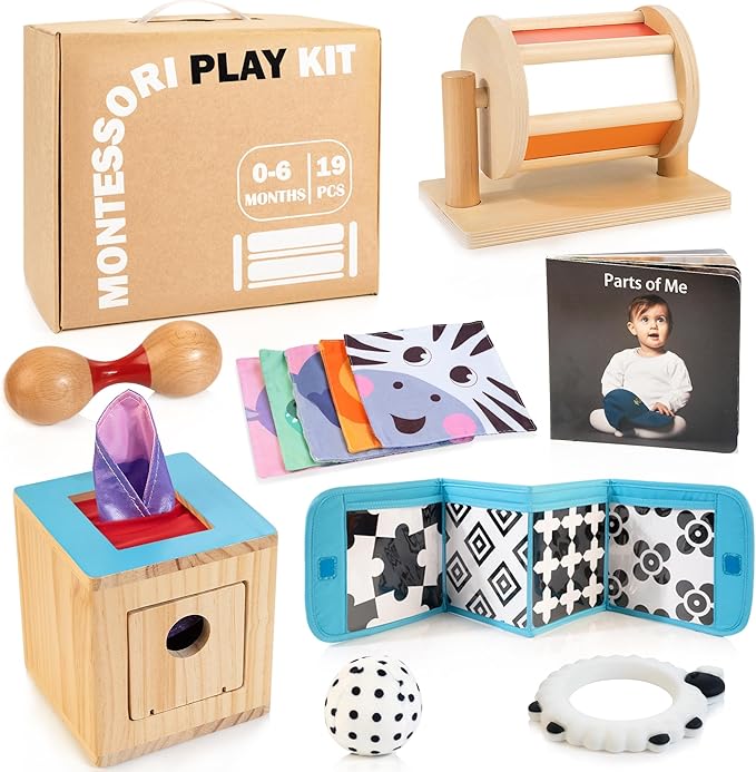WOODMAM Montessori Toys for Babies 0-6 Months, 9 in 1 Learning Educational Sensory Toys for Newborn 0-3-6 Months, Includes High Contrast Cards, Baby Tissue Box Toy, Spinning Drum, Teether and More