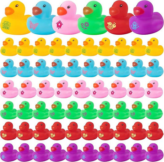 Haooryx Spring Mini Rubber Duck - 60Pcs Spring Holiday Colorful Novelty Duck Squeak Bathtub Float Bath Toy for Kids Classroom Reward Birthday Gift Easter Decor Basket Stuffer Pool Party Favor Supplies