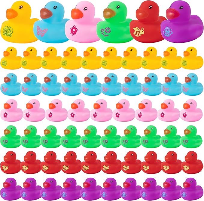 Haooryx Spring Mini Rubber Duck - 120Pcs Spring Holiday Colorful Novelty Duck Squeak Bathtub Float Bath Toy for Classroom Reward Birthday Gift Easter Decor Basket Stuffer Pool Party Favor Supplie