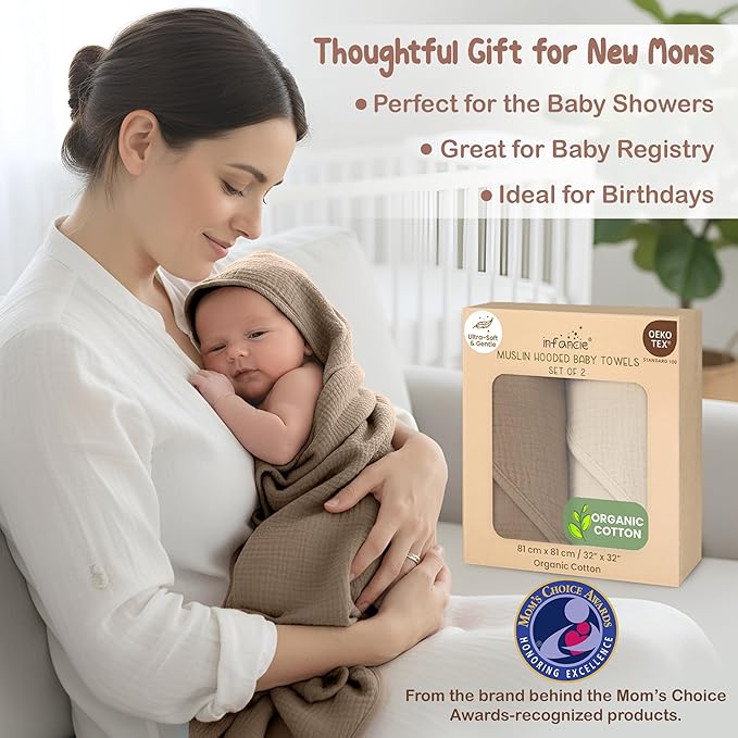 100% Organic Cotton Muslin Baby Hooded Towels 32x32 Inch – 2 Pack Soft & Absorbent Hooded Baby Towels For Boys & Girls, Premium Hooded Towels, Ultra-Gentle Baby Essentials in Deep Olive/Ivory