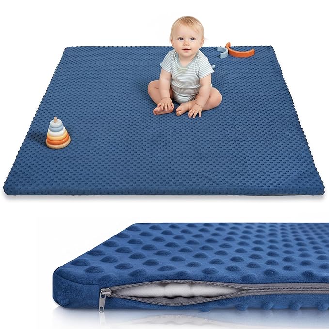 Huloo Sleep Baby Floor Play Mat for Playpen, Extra Thick 50"x50" Padded Mat with Ultra Soft 3D Minky Dot & Removable Washable Cover, Non-Slip & Safe for Crawling,Tummy Time,Infant/Toddler(Dark Blue)
