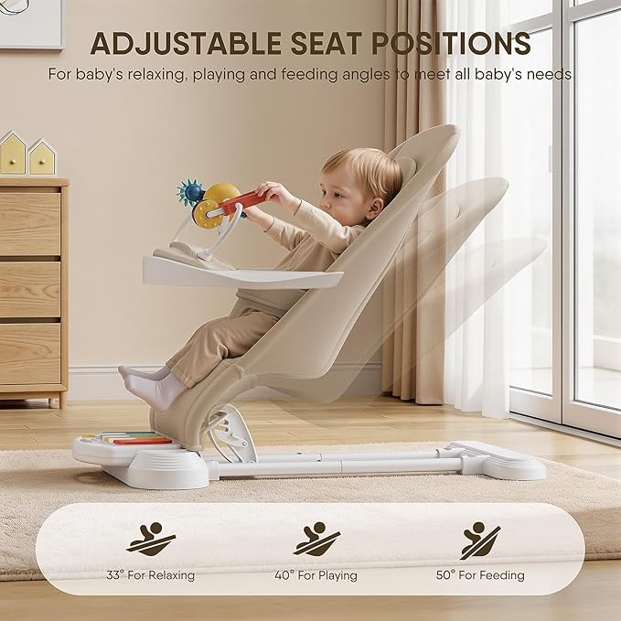 Monamii Baby Bouncer, Baby Bouncer Seat with Detachable Pianos & Feeding Tray, 3-Level Adjustable Positions Bouncing Seat, Infant Bouncer Seat and Toddler Chair (Beige)