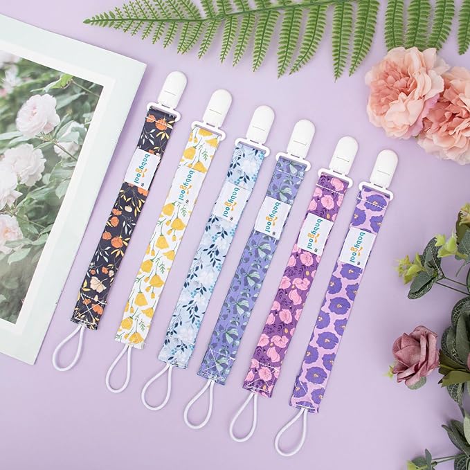 babygoal Floral Pacifier Clips, 6 Pack Binky Paci Holder Leashes Fits for Most Baby Pacifiers and Binkies