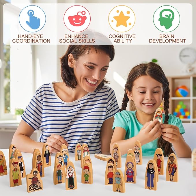 Syhood 30 Pcs Wooden Community Helpers Toys Multicultural Career Wooden People Figures Dolls Small Diversity Professionals Wood Blocks for Preschool Classroom Decorations Games Educational Supplies