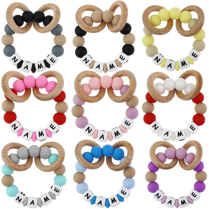 Personalized Baby Teether Rattle Rings, Colorful Styles, Custom Stylish Baby Accessories (Grey)