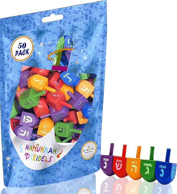 50-Pack Wood Multi-Colored Dreidels Medium Sized Hanukkah Draydels with English Transliteration (50-Pack)