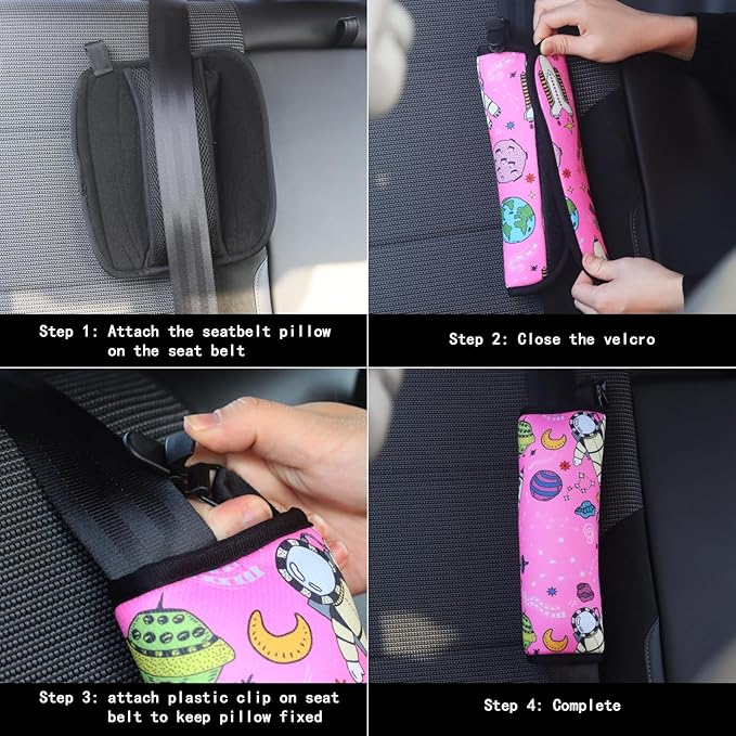 Car Seat Belt Pillow for Kids with Clips,Seat Strap Belt Covers Pad Cushion,Car Seatbelt Cover Pillows for Toddlers (Space Pink)