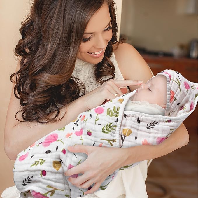 Zainpe 4Pcs Muslin Baby Hooded Towel & Washcloth Set Spring Pink Flowers Pattern Soft Absorbent Cotton Bath Hood Towels for Newborn Toddlers Essentials Boys Girls Infant Shower Gift 31.5 x 31.5 in