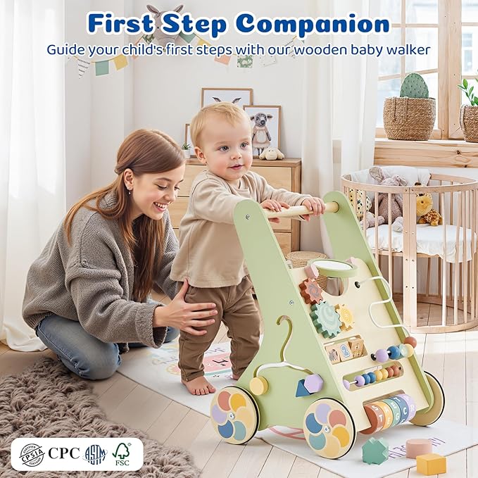 Wooden Baby Walker with Activity Center, Baby Push Walker for 1 Year Old Boys & Girls, Montessori Learning Walking Toy with Wheels, Toddler Push Toy with Storage Box 12 Months+