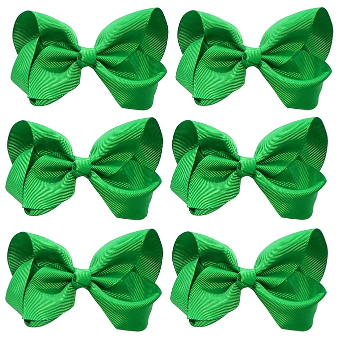 6 PCS 4.5" Solid Color Hair Bows Clips for Girls Toddler Hair Accessories - Green Grosgrain Ribbon Alligator Clips