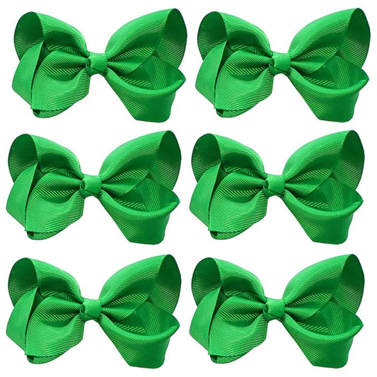 6 PCS 4.5" Solid Color Hair Bows Clips for Girls Toddler Hair Accessories - Green Grosgrain Ribbon Alligator Clips