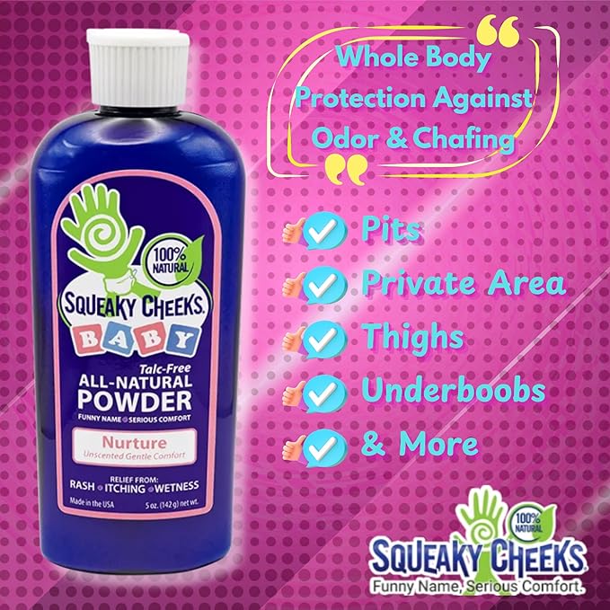 Squeaky Cheeks Baby Powder (5oz) | Organic | Unscented Talc-Free and All Natural Powder | Effective Relief from Rash Wetness and Itching | Also Ideal for Adults