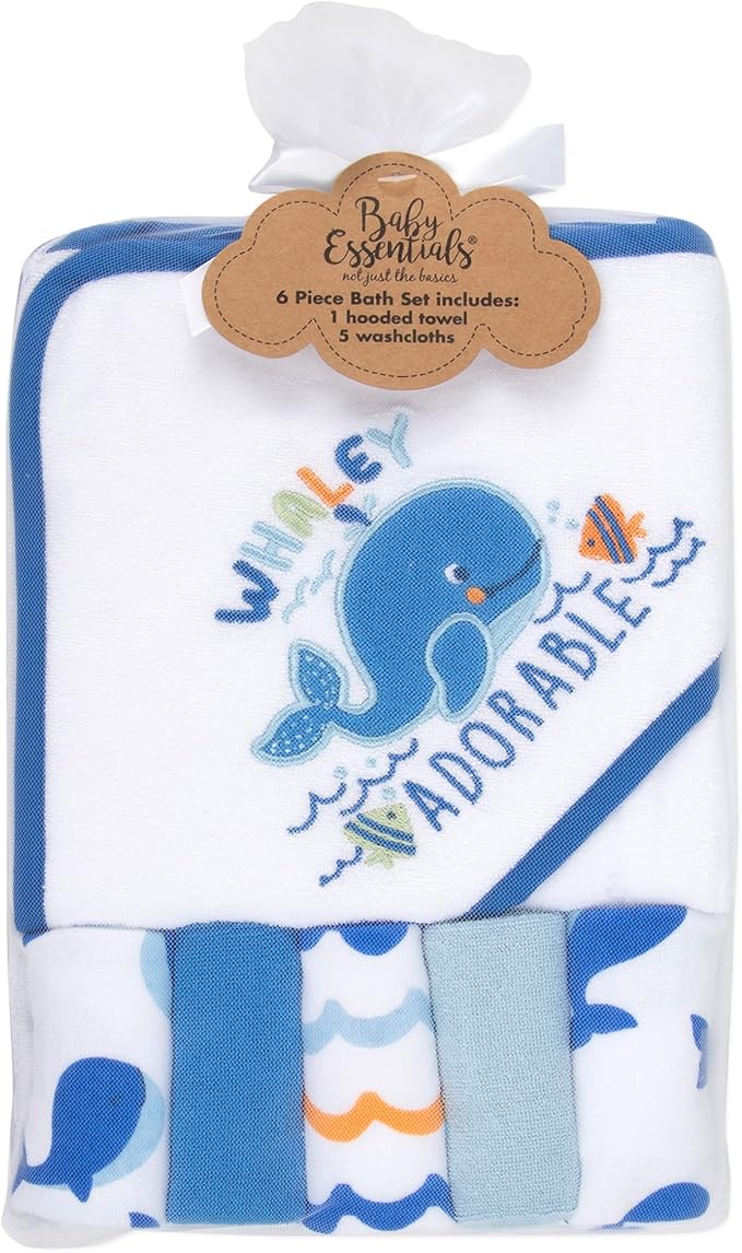 Baby Hooded Bath Towel and Washcloth Set for Infant Boys 6-12 Months (Whaley Adorable Whale)