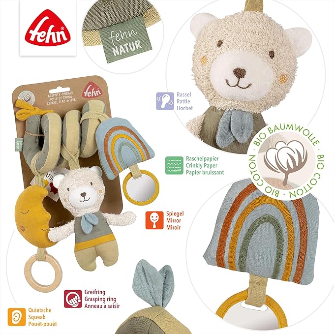 Fehn Activity-Spirale Bär fehnNATUR – Stoff-Spirale mit Lernfunktionen und Bio-Baumwolle aus kontrolliert biologischem Anbau – fördert Babys Sinne zuhause & unterwegs – für Babys ab Geburt
