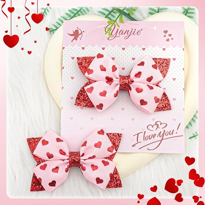 YanJie 3’’ 2Pcs Valentines Day Hair Bow Clips for Girls Pink Bows Hearts Hair Accessories for Women Glitter Hairpin Red Hair Clip