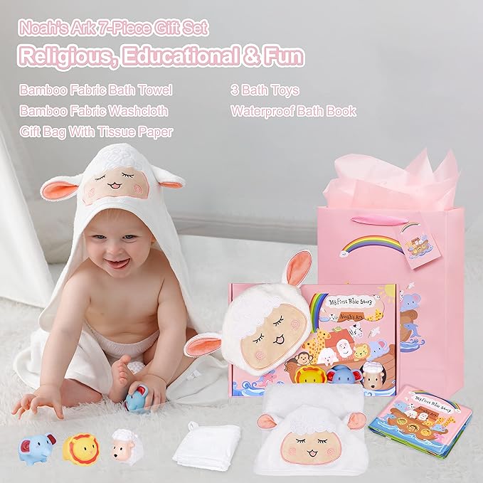 MyMateZoe My First Noahs Ark 7 pcs Baptism Gift Set, Dedication, Christening and Baptism Gifts for Girl and Newborn Baby, Includes Washcloth and Hooded Towel,Baby Bath Book, 3 Bath Toys and Gift Bag