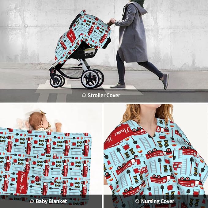 Personalized Fire Trucks and Firefighter Baby Car Seat Canopy for Babies with Name, Custom Car Seat Covers for Baby Boys, Peekaboo Opening Minky Nursing Cover Infant Car Seat Canopies for Newborn