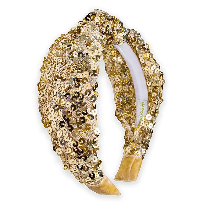 FROG SAC Sequin Knot Headband for Girls - Gold Knotted Head Bands for Kids, Sparkly Little Girl Headbands, Cute Tween Beaded Hair Band Accessories, Easter Basket Fillers Stocking Stuffers
