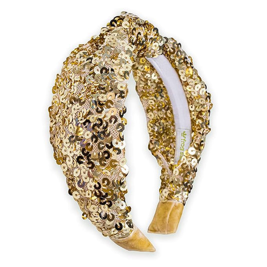 FROG SAC Sequin Knot Headband for Girls - Gold Knotted Head Bands for Kids, Sparkly Little Girl Headbands, Cute Tween Beaded Hair Band Accessories, Easter Basket Fillers Stocking Stuffers