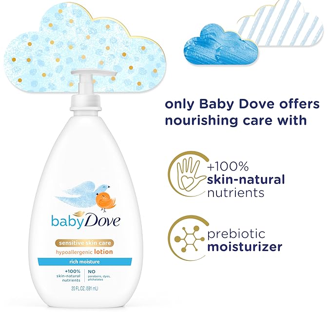 Baby Dove Face and Body Lotion for Sensitive Skin Moisture Fragrance-Free Baby Lotion 20 oz & Rich Moisture Face and Body Lotion 24-Hour Moisturizer 20 fl oz Bundle