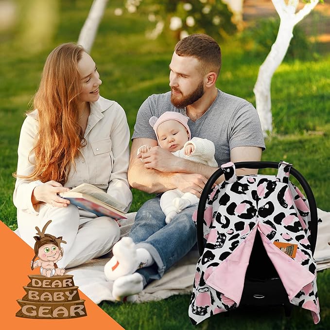 Dear Baby Gear Car Seat Canopy, Pink and Black Cheetah Print on White, Lightweight Double Layer
