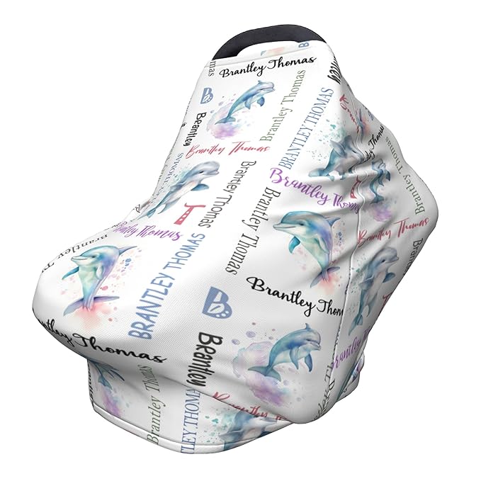 Personalized Baby Car Seat Cover with Name Stroller Canopy Custom Dolphin Carseat Cover Newborn Baby Boy Girl Nursing Cover for Moms First Birthday Gift
