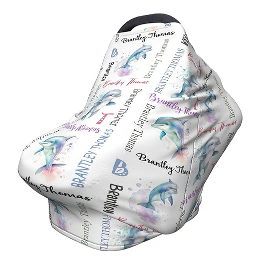 Personalized Baby Car Seat Cover with Name Stroller Canopy Custom Dolphin Carseat Cover Newborn Baby Boy Girl Nursing Cover for Moms First Birthday Gift