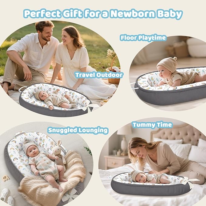 Baby Lounger - 100% Cotton Baby Lounger for Newborn with Lounger Cover, Portable Baby Nest for Home and Travel, Waterproof Lining, Newborn Babies Essentials Gifts