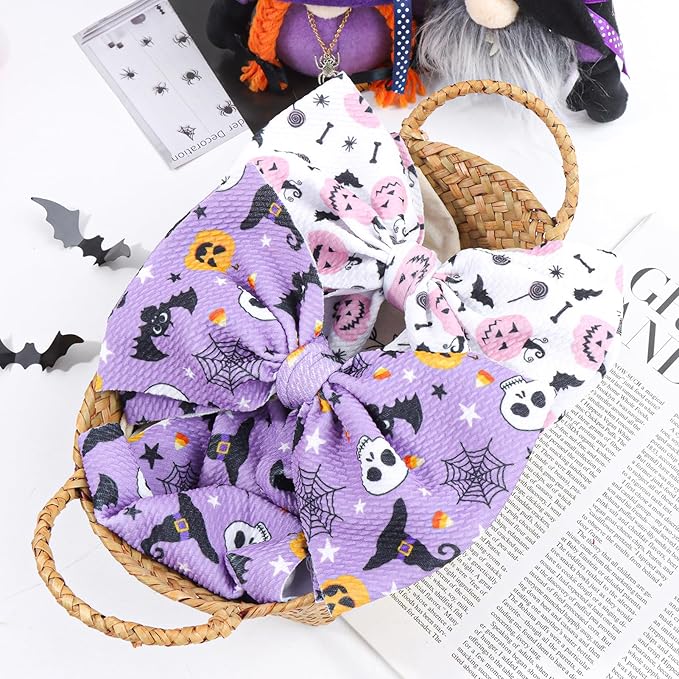 Halloween Baby Girl Bows 7 Inchs Baby Girl Bows Toddler Nylon Headbands Newborn Headband Bows Hair Accessories 2 PCS, 1-Purple,Pink
