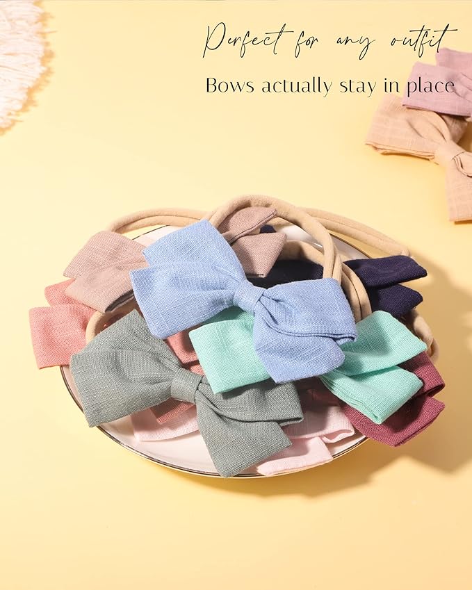 jollybows 40pcs Baby Girls Nylon Hair Bows Headbands Linen Hair Bands Elastic Hair Accessories for Kids Infants Newborn (4-40 PCS Solid Linen)