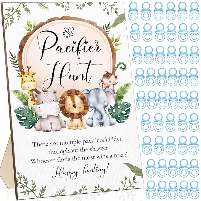 Roowest 51 Pcs Pacifier Hunt BabyShower Games Include Wooden Hunt Sign and 50 Acrylic Mini Plastic Pacifiers for BabyShower Game Decoration Gift Sets Gender Reveal Party