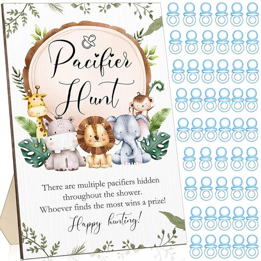 Roowest 51 Pcs Pacifier Hunt BabyShower Games Include Wooden Hunt Sign and 50 Acrylic Mini Plastic Pacifiers for BabyShower Game Decoration Gift Sets Gender Reveal Party