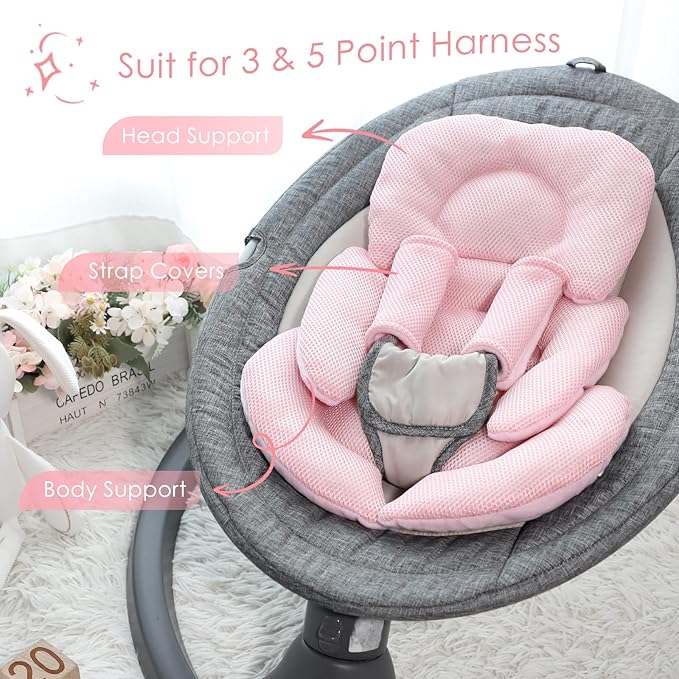 Infant Car Seat Insert for Newborn Girls Boys, Summer Mesh Baby Carseat Head Inserts with Strap Pads, Soft Reversible Baby Car Seat Insert Cushion Pad for Stroller, Bouncer, Swing, High Chair, Pink