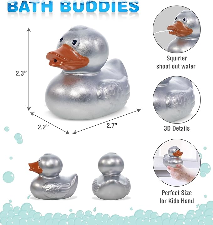 DolliBu Metallic Silver Duck Bath Buddy Squirter - Floating Silver Duck Rubber Bath Toy, Fun Water Squirting Bath Time Play for Toddlers, Animal Toy for Bathtub, Beach, and Pool for Girls and Boys