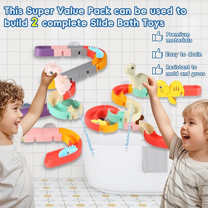 72 PCs Dinosaur Bath Toys for Kids Ages 4-8, Bathtub Water Slide Toys for Toddlers, DIY Building Set with Rubber Dino Bath Toys for Birthday Gifts