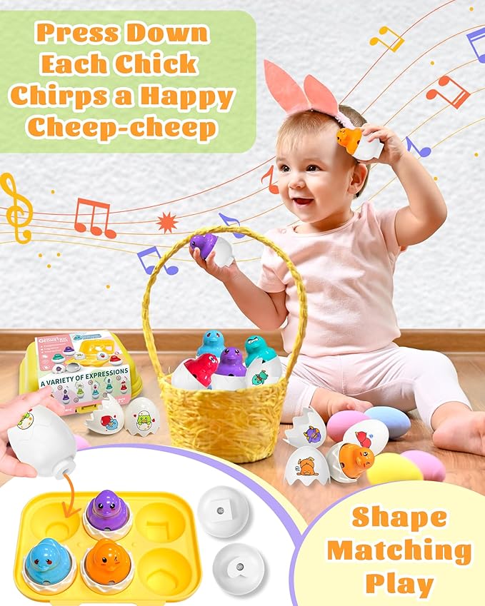 Zartores Easter Basket Stuffers for Toddlers 1-3, Easter Egg Toys for Toddlers 1-3, Matching Sensory Eggs Toys, Easter Birthday Gifts Prefilled Eggs with Toys for 3 Year Old Girls Boys