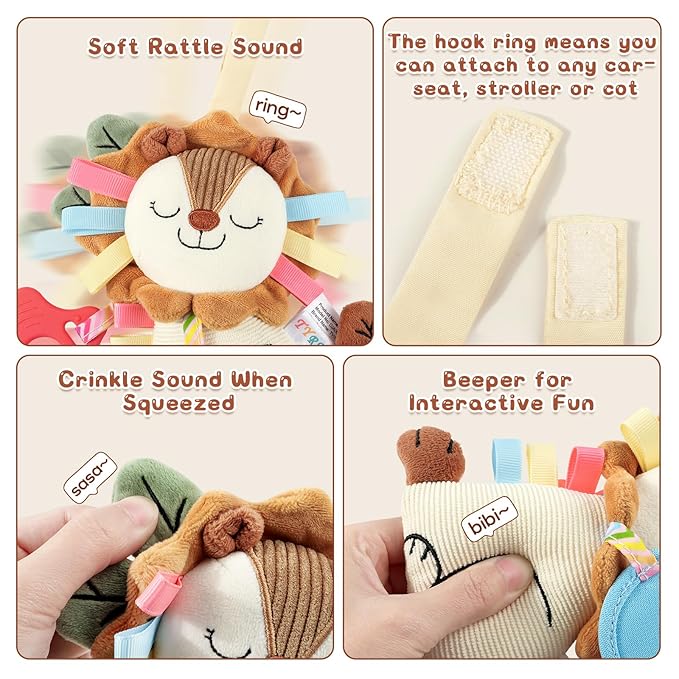 TYRY.HU Car Seat & Stroller Activity Toy,Soft Plush Cot Hanging Toy, Baby Rattle Toy with Strap,Developmental Sensory Toy-Textured Ribbons&Teether&Mirror&Crinkle Sounds for Infants 0 3 6 12 Months