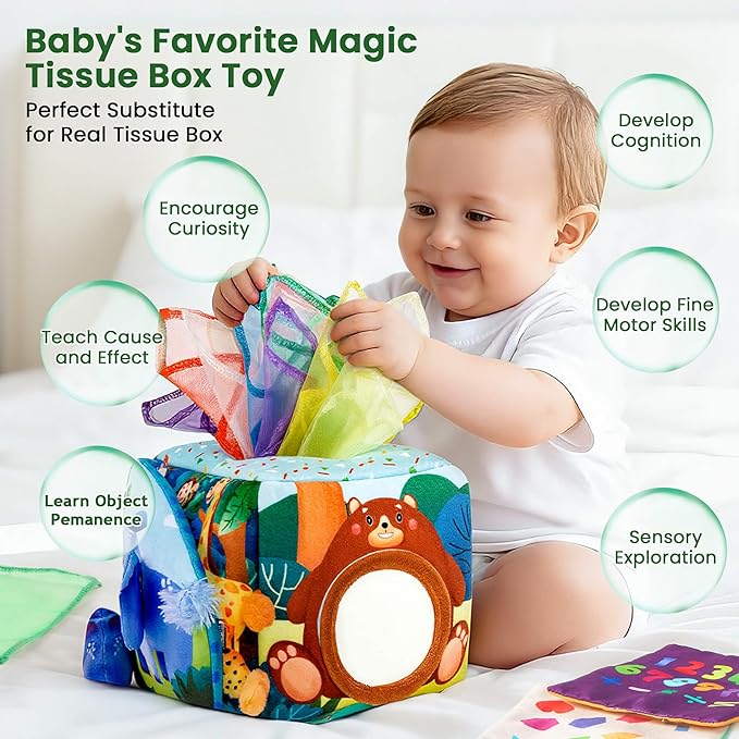 Baby Toys 6-12 Months - Baby Tissue Box Toy for 6 9 12 18 Months Old Montessori Sensory Toys for 1 Year Old Boy Infant Scarf Toy with Crinkle Tissues & Fine Motor Easter Basket Stuffers