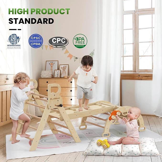 BlueWood Pikler Triangle Set with Cushion - Climbing Toys for Toddlers 9-in-1, Montessori Philosophy Play Jungle Gym with Arch, Ramp, Ladder (Natural Color)