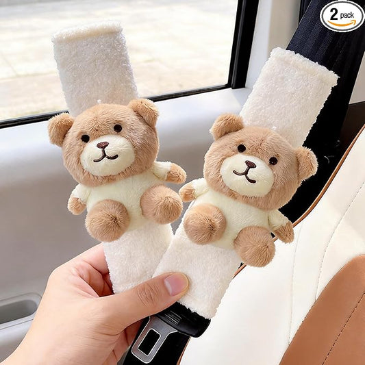 2 PCS Seat Belt Cover Pad, Cute Kawaii Animal Bear Seatbelt Covers for Kids and Adults, Winter Plush Fluffy Soft Seat Belt Cover, Cartoon Seatbelt Cushion,Car Seat Strap Pads (D-Bear)