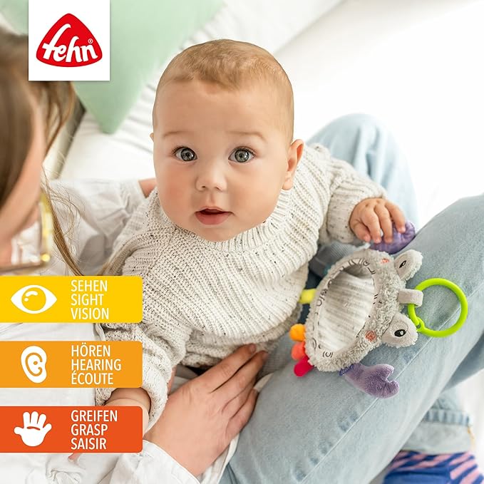 Fehn Activity Mirror Crab – Motor Skill Toy for Hanging for Pram, Cot and Baby Seat – to Produce Bite, Grab and Sound, Toy for Babies and Children from 0+