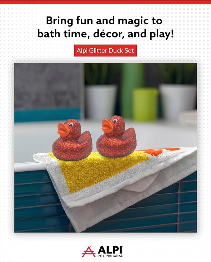 Alpi Glitter Ducks – Set of 5 Fun & Sparkly Rubber Ducks & Bath Toys - Decorative, Collectible, and Great for Parties, Gifts & Bath Time (Red)