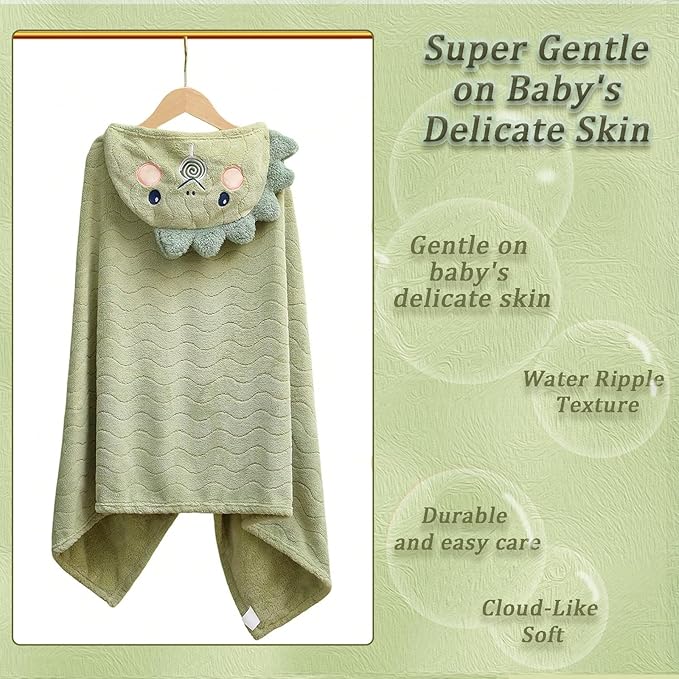 Unisex Toddler Bath Towel with Hood, 27.5"X55", Green, Anime Dinosaur Pattern, Coral Fleece, Machine Wash, 1 Count