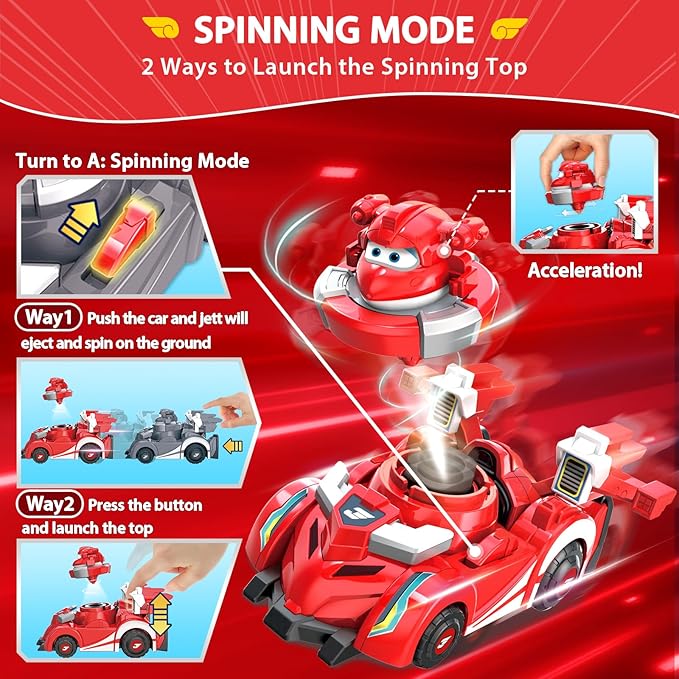 Super Wings Jett Spinning Battling Tops & Cars Toys, Red Car Toys for Toddlers 1-3, Little People Race Toy Cars for 5 Year Old Boys, Best Gifts for Kids Boys Girls