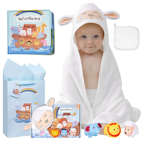MyMateZoe My First Noahs Ark 7 pcs Baptism Gift Set, Dedication, Christening and Baptism Gifts for Boys and Newborn Baby, Includes Washcloth and Hooded Towel, Baby Bath Book, 3 Bath Toys and Gift Bag