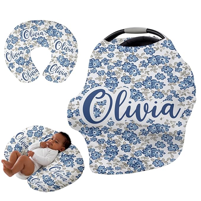 Custom Car Seat Covers for Babies - Breathable Baby Car Seat Cover for Girls Boys, Blue Pattern Kick-Proof Newborn Carrier Canopy Stretchy Stroller Cover for 4 Seasons