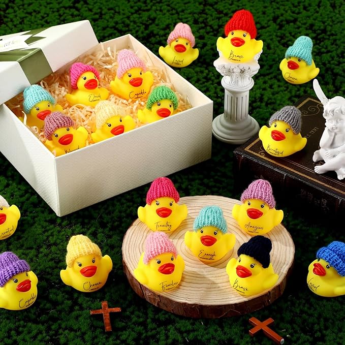 MiniInflat 24 Pcs Christian Mothers Gift Rubber Ducks Bulk with Bible Verses and Knit Hats Church Gifts Mini Religious Inspirational Duck Toys for Graduation Family Women Men Church Party (Yellow)