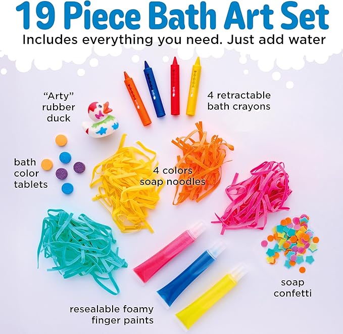 Creativity for Kids Soap Noodles Bath Art Studio – Bath Crayons, Soap Paint, Color Fizz & Confetti with Mold-Free Rubber Duck | Washable Bathtub Art & Sensory Toy Set for Toddlers and Kids (Ages 3+)