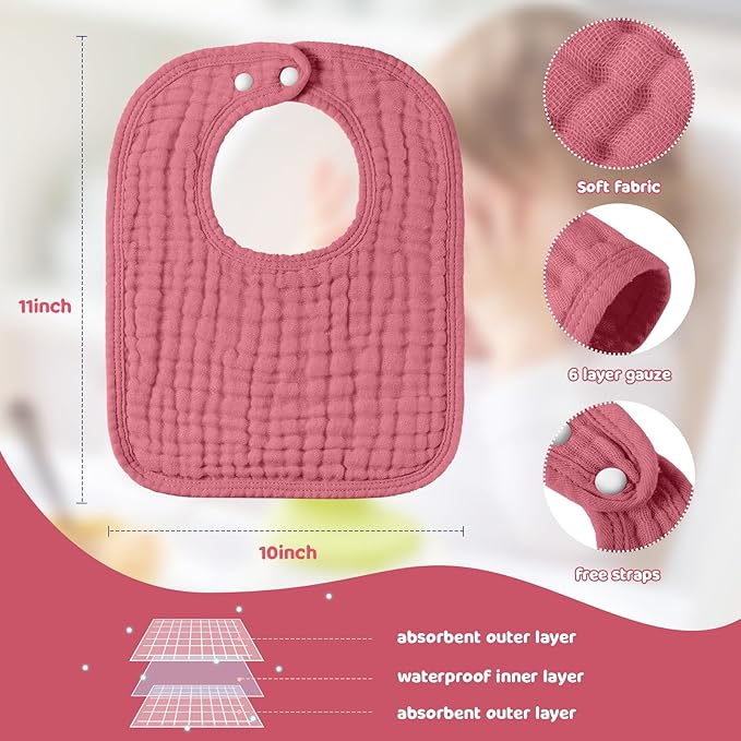 Tallew 8 Pack Muslin Burp Cloths and Baby Bibs for Boy Girl 20" x 10" Cotton Baby Bandana Drool Bibs Muslin Burp Cloths Absorbent Rag for Newborn Toddler Infant Gifts(Dark Rose Color)
