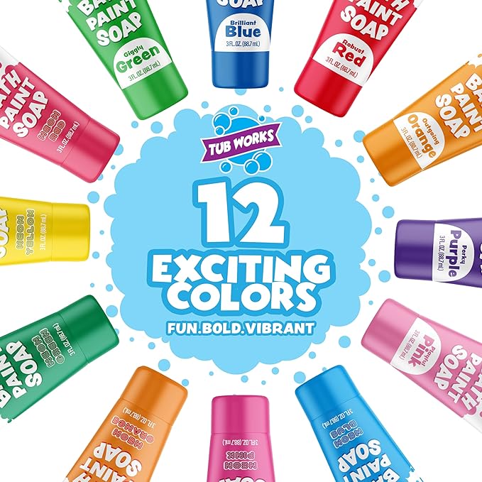 Tub Works® Bath Paint Soap, 12 Pack | Non-Toxic, Washable Bathtub Paint for Toddlers & Kids | Finger Paint in the Tub | Ideal Toddler Bath Toys for Creative Kids Bath | Easy-to-Clean